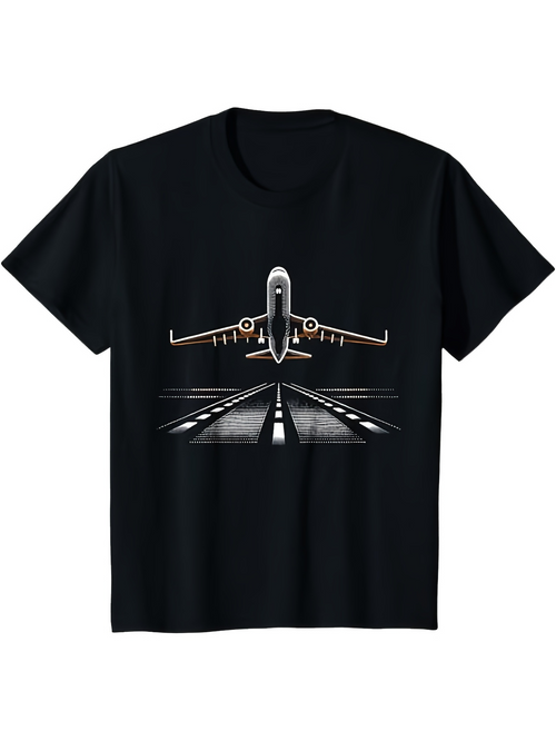 Men's Graphic T-Shirt Night Runway With Bright Lights Illuminating Taking Off Airplane