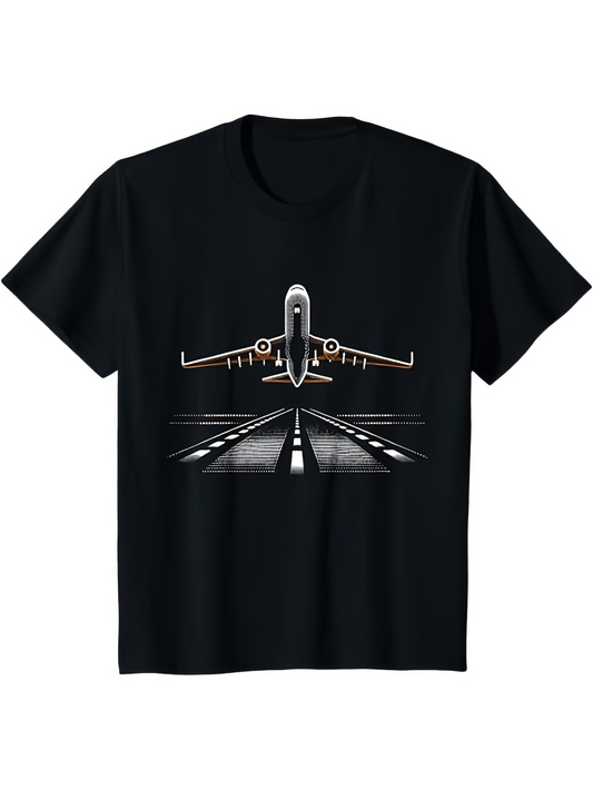 Men's Graphic T-Shirt Night Runway With Bright Lights Illuminating Taking Off Airplane