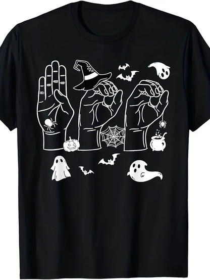 Men's Graphic T-Shirt Spooky Hands With Witch Hat Surrounded By Ghosts And Bats Halloween