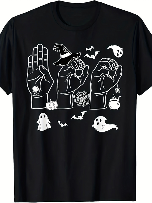 Men's Graphic T-Shirt Spooky Hands With Witch Hat Surrounded By Ghosts And Bats Halloween