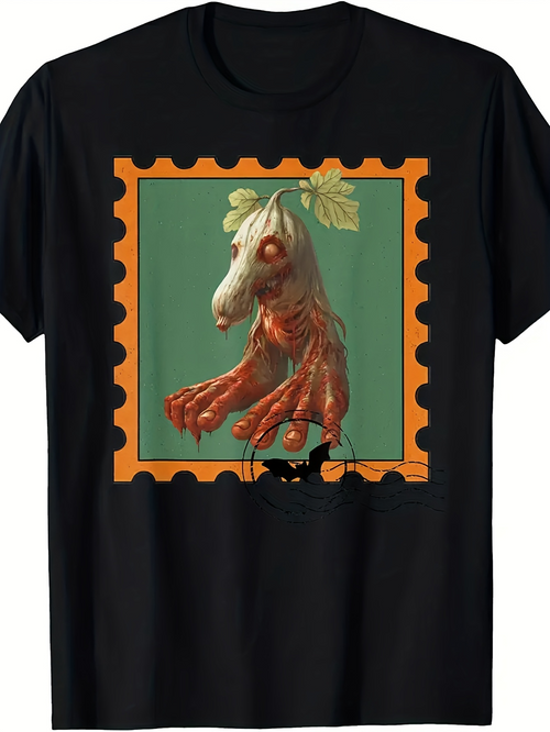Men's Graphic T-Shirt Whimsical Surreal Mandrake Root Creature Among Leafy Stamp Border