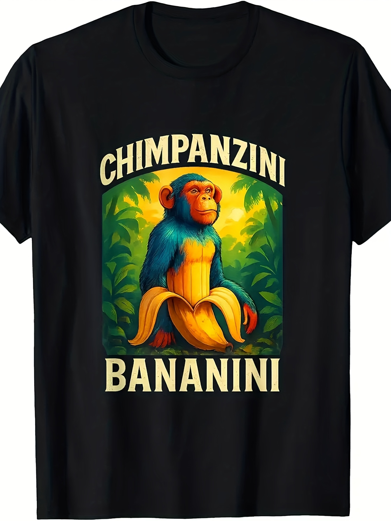 Men's Graphic T-Shirt Chimpanzini Surrounded By Lush Green Leaves Holding Ripe Banana Chimpanzee