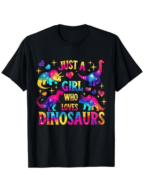 Men's Graphic T-Shirt Just A Girl Who Loves Dinosaurs With Colorful Stars Hearts And Playful Cartoon Dinosaur