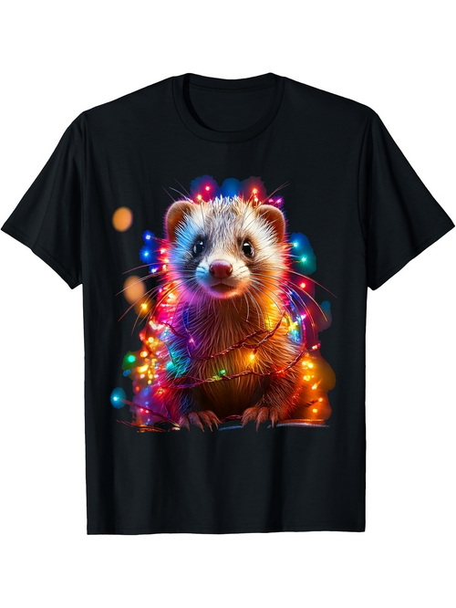 Men's Graphic T-Shirt Playful Festive Ferret With Colorful Lights Wrapped Around Fur