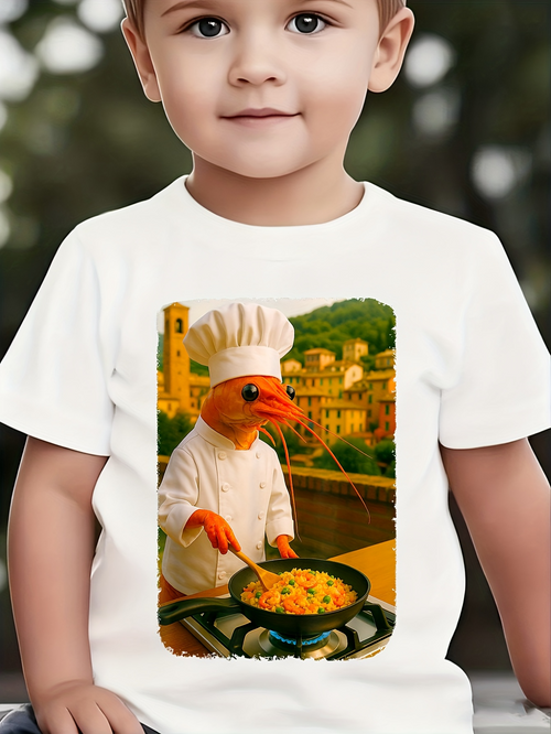 Men's Graphic T-Shirt Sunny Italian Village With Cooking Chef Shrimp In White Uniform
