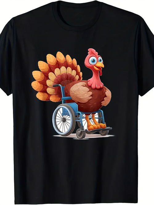 Men's Graphic T-Shirt Bright Feathers Sitting In Wheelchair With Cartoon Style Turkey