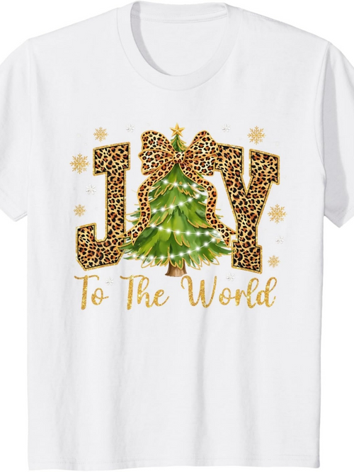 Men's Graphic T-Shirt Joy To The World Festive Lights With Christmas Tree Surrounded By Leopard Print Letters