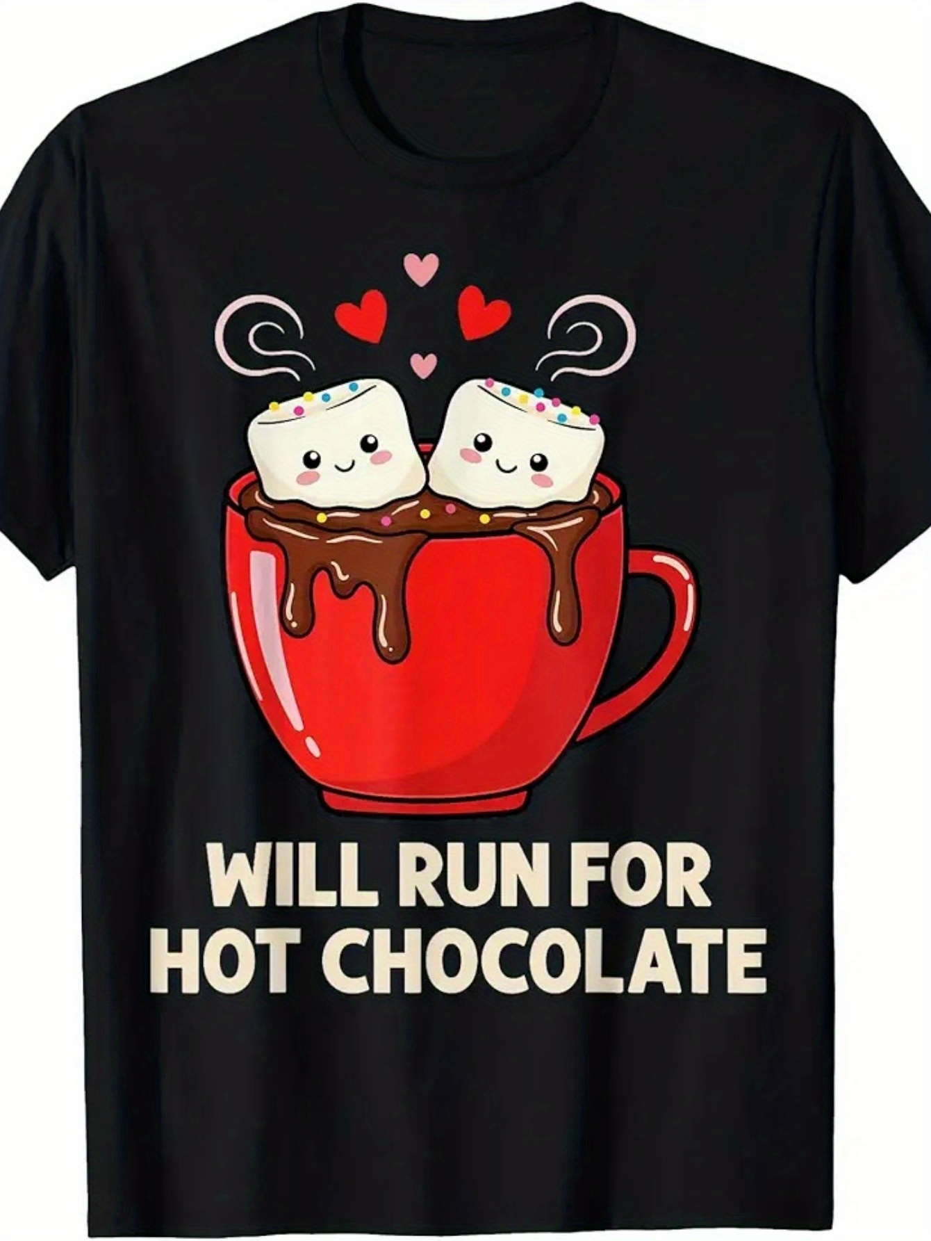 Men's Graphic T-Shirt Will Run For Hot Chocolate Happy Marshmallows Snuggling In Red Mug