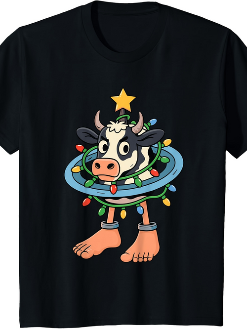 Men's Graphic T-Shirt Whimsical Cow With Christmas Lights Wrapped Around Cartoon Cow