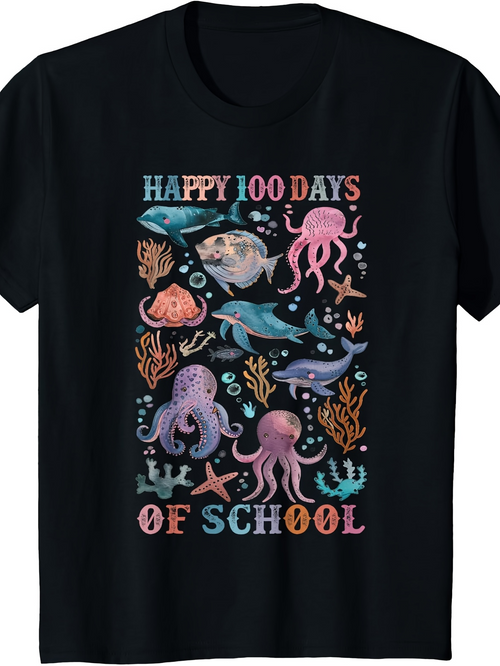 Men's Graphic T-Shirt Happy Days With Colorful Ocean Creatures Swimming Among Seaweed Octopus