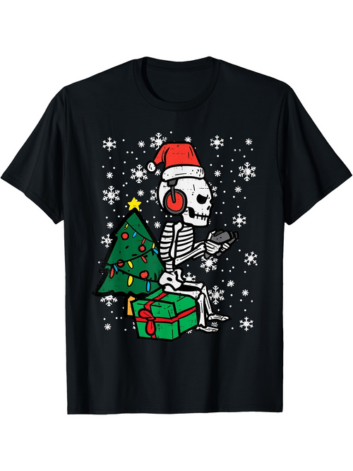 Men's Graphic T-Shirt Cartoon Skeleton With Santa Hat Sitting Among Christmas Tree And Presents