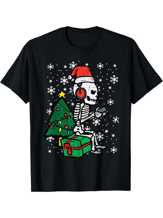 Men's Graphic T-Shirt Cartoon Skeleton With Santa Hat Sitting Among Christmas Tree And Presents