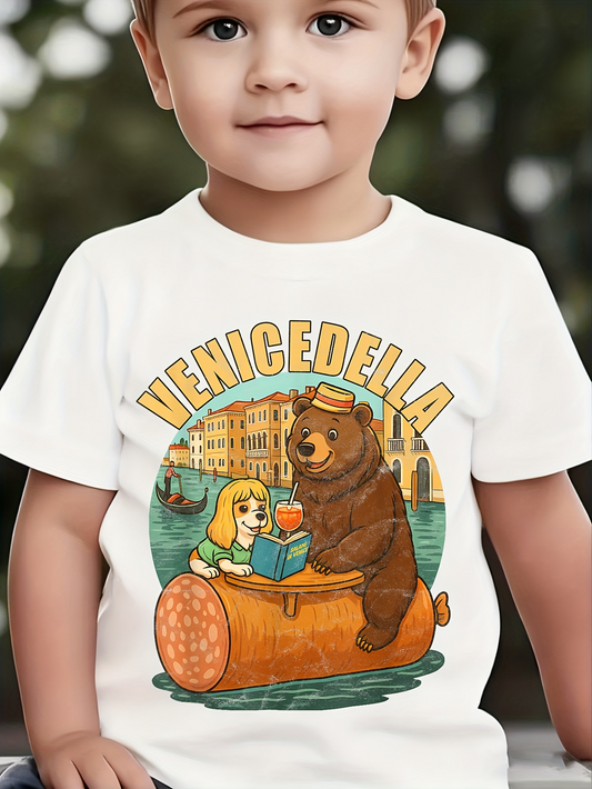 Men's Graphic T-Shirt Venicedella Sunny Canals With Girl And Happy Bear Rafting