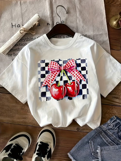 Men's Graphic T-Shirt Checkered Pattern With Red Cherries And Gingham Bow Fruit