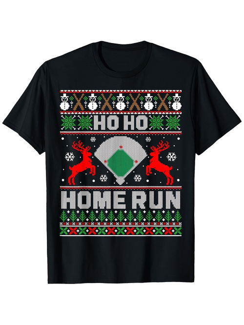 Men's Graphic T-Shirt Ho Ho Home Run Playful Christmas Pattern With Reindeer Baseball Diamond