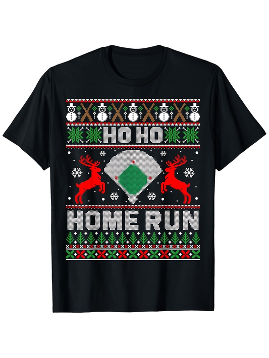 Men's Graphic T-Shirt Ho Ho Home Run Playful Christmas Pattern With Reindeer Baseball Diamond