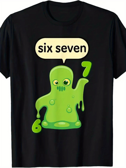 Men's Graphic T-Shirt Six Seven Green Cartoon Monster With Numbers On Blob