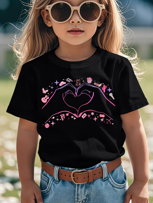 Men's Graphic T-Shirt Whimsical Pink Outlined Hands Forming Heart With Playful Motif Elements