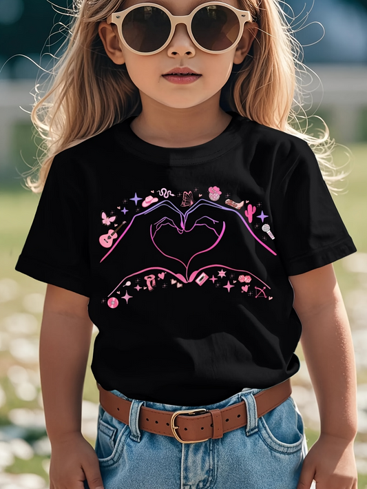 Men's Graphic T-Shirt Whimsical Pink Outlined Hands Forming Heart With Playful Motif Elements
