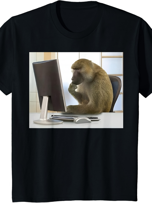 Men's Graphic T-Shirt Curious Baboon Sitting At Office Desk Using Computer