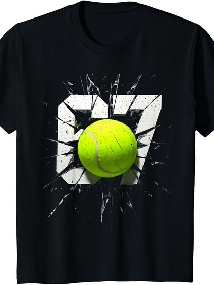 Men's Graphic T-Shirt Broken Glass Collision Effect With Green Tennis Ball And Bold Numbers