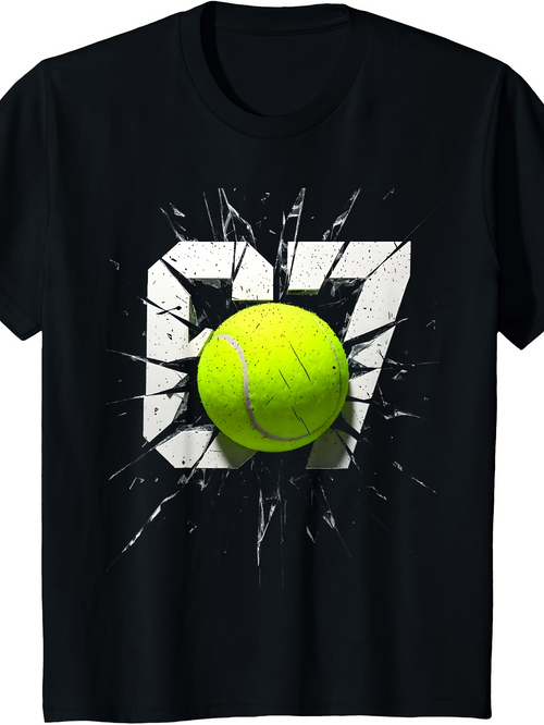 Men's Graphic T-Shirt Broken Glass Collision Effect With Green Tennis Ball And Bold Numbers