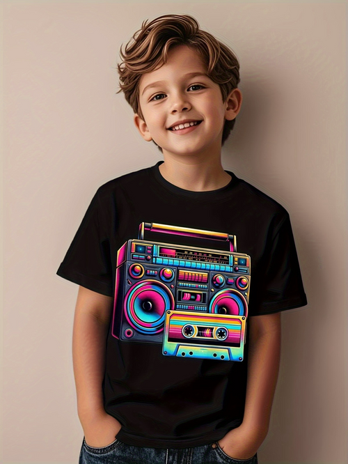 Men's Graphic T-Shirt Vibrant Neon Colors With Reflections Highlighting A Classic Retro Boombox