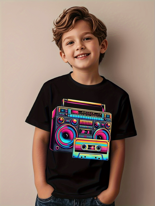 Men's Graphic T-Shirt Vibrant Neon Colors With Reflections Highlighting A Classic Retro Boombox