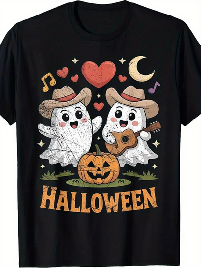 Men's Graphic T-Shirt Halloween Cute Cartoon Ghosts Playing Guitar Among Pumpkins And Music Notes
