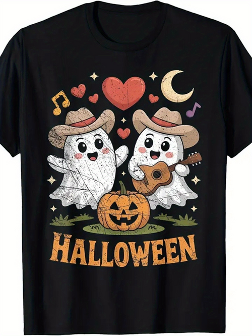 Men's Graphic T-Shirt Halloween Cute Cartoon Ghosts Playing Guitar Among Pumpkins And Music Notes