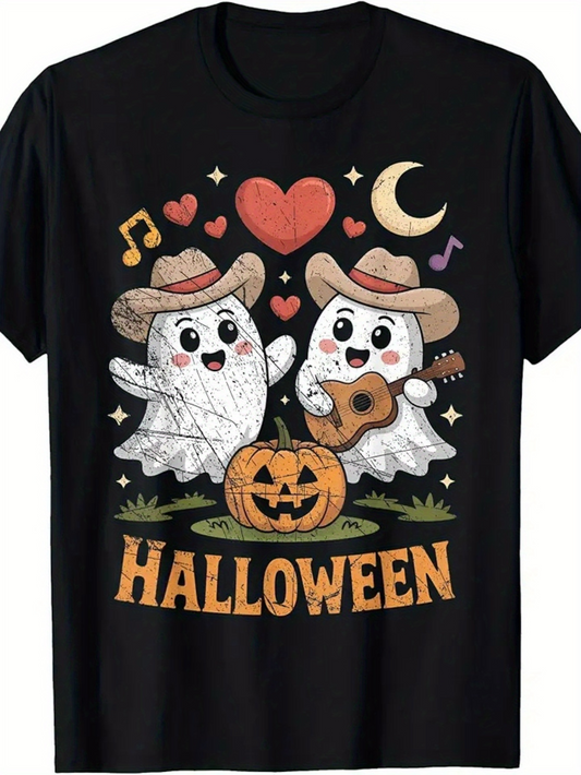 Men's Graphic T-Shirt Halloween Cute Cartoon Ghosts Playing Guitar Among Pumpkins And Music Notes