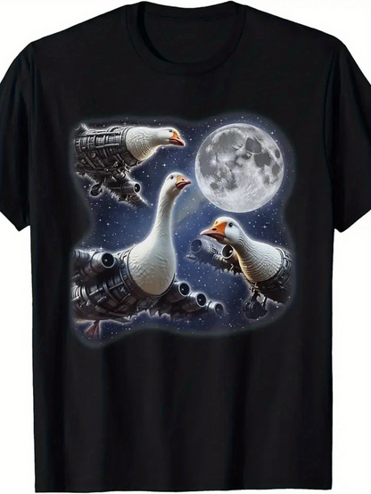 Men's Graphic T-Shirt Majestic Full Moon Shining Over Three Geese In Night Sky