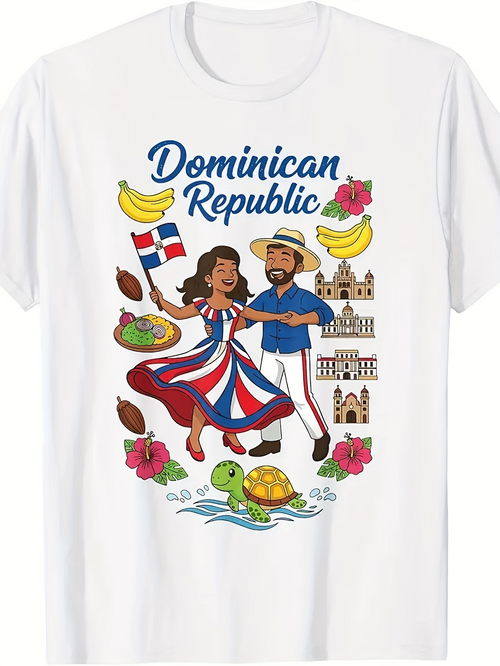 Men's Graphic T-Shirt Dominican Republic Dancing Couple With Tropical Fruits Local Landmarks And Sea Turtles