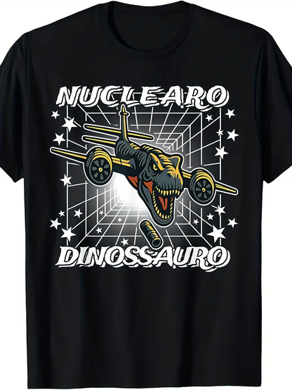 Men's Graphic T-Shirt Nuclear Dinossauro With Flying Jet Wings And Roaring Dinosaur