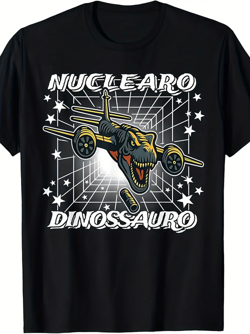 Men's Graphic T-Shirt Nuclear Dinossauro With Flying Jet Wings And Roaring Dinosaur