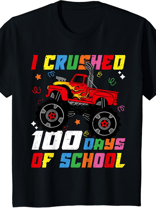Men's Graphic T-Shirt I Crushed 100 Days Of School With Colorful Flames Monster Truck
