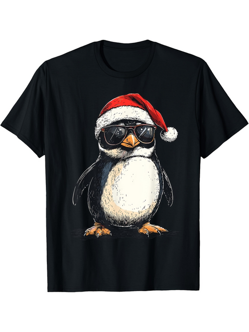 Men's Graphic T-Shirt Cool Christmas Penguin With Sunglasses Wearing Santa Hat