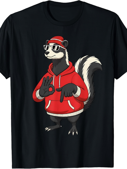 Men's Graphic T-Shirt Cool Skunk Wearing Red Hoodie Among Playful Urban Street Style