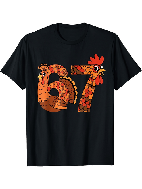 Men's Graphic T-Shirt Funky Orange Patterned Chickens Forming The Numbers Sixty Seven