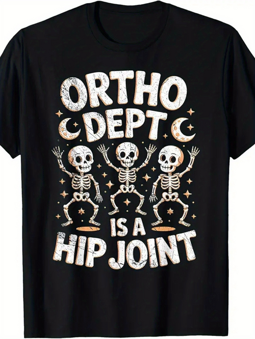 Men's Graphic T-Shirt Ortho Dept Is A Hip Joint Dancing Skeletons With Stars Moons Around Black Shirt