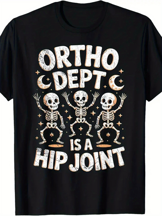Men's Graphic T-Shirt Ortho Dept Is A Hip Joint Dancing Skeletons With Stars Moons Around Black Shirt