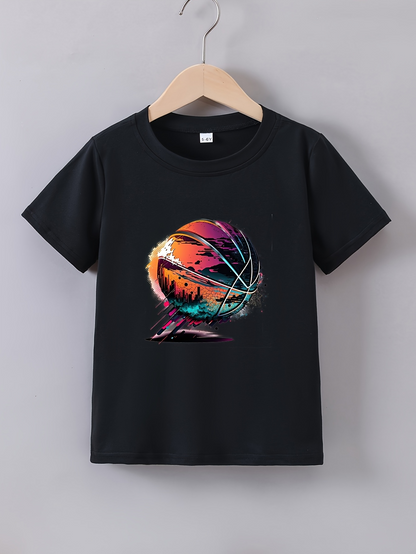 Men's Graphic T-Shirt Abstract Colorful Swirls With Sunset Mountain And Basketball