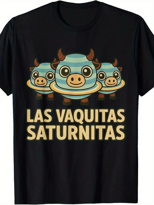 Men's Graphic T-Shirt Blue Cartoon Cow Faces Surrounded By Yellow Rings Space Floating Cow