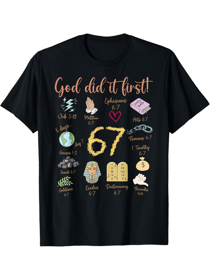 Men's Graphic T-Shirt God Did It First Colorful Religious Icons And Number 67 Surrounded By Illustrations