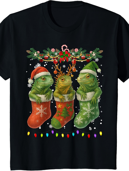 Men's Graphic T-Shirt Christmas Wreath And Candy Cane Among Festive Christmas Stockings With Decorative Iguanas