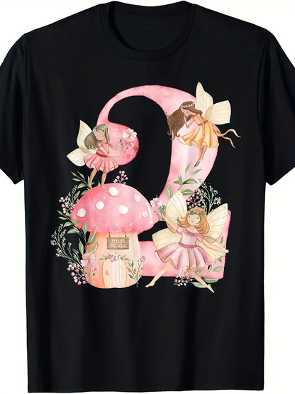 Men's Graphic T-Shirt Pink Magical Forest Mushrooms With Dancing Fairies And Number Two