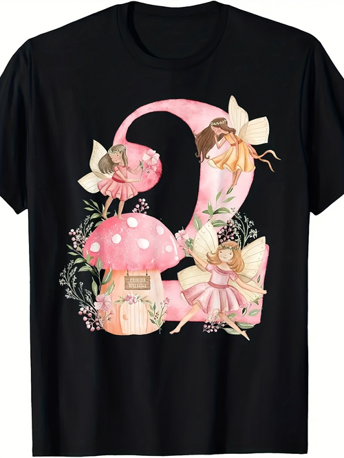 Men's Graphic T-Shirt Pink Magical Forest Mushrooms With Dancing Fairies And Number Two