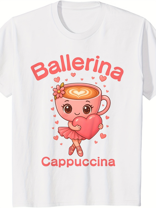 Men's Graphic T-Shirt Ballerina Cappuccina With Cartoon Hearts And Smiling Coffee Cup