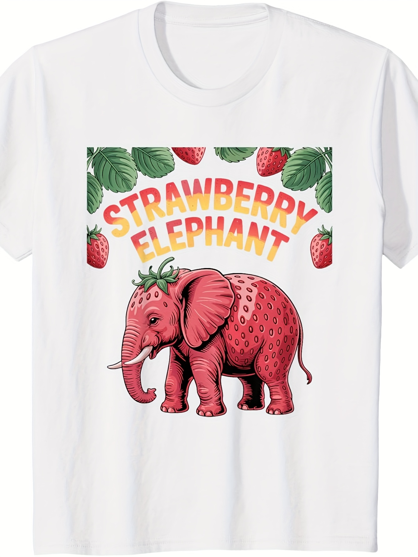 Men's Graphic T-Shirt Strawberry Elephant Surrounded By Berries And Lush Green Leaves Elephant