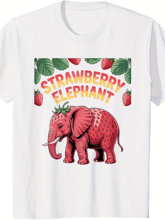Men's Graphic T-Shirt Strawberry Elephant Surrounded By Berries And Lush Green Leaves Elephant